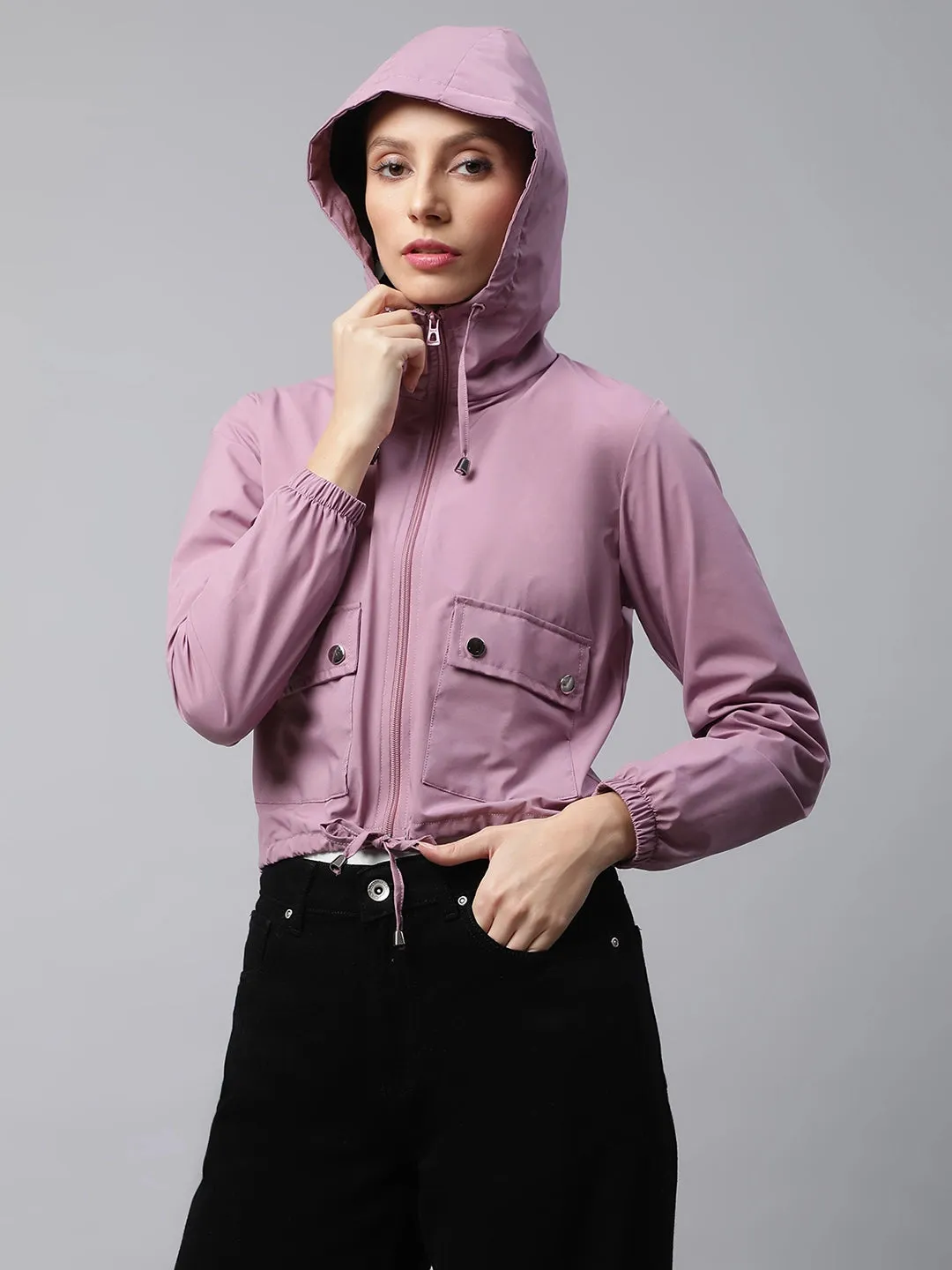 Women Mauve Street Style Hooded Crop Jacket