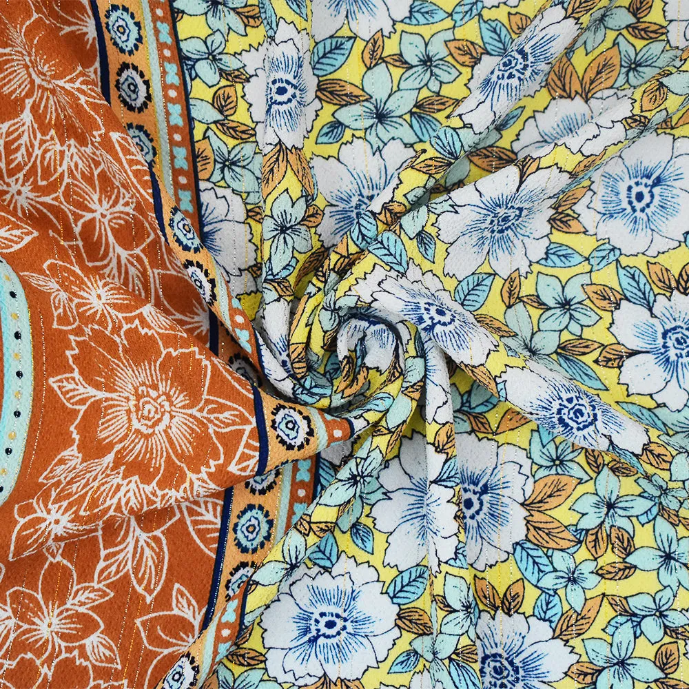 Yellow-Multi Floral Border Print Stretch Metallic Poly Ghost Crepe Fabric